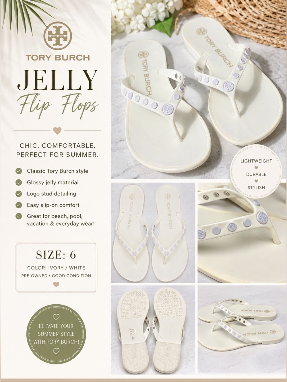 Tory Burch Cream Jelly Flip Flops with Logo Studs
